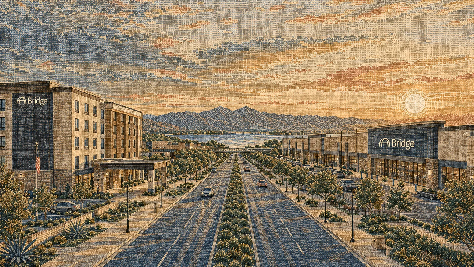 Golden-hour boulevard with a hotel tower on the left and retail storefronts on the right