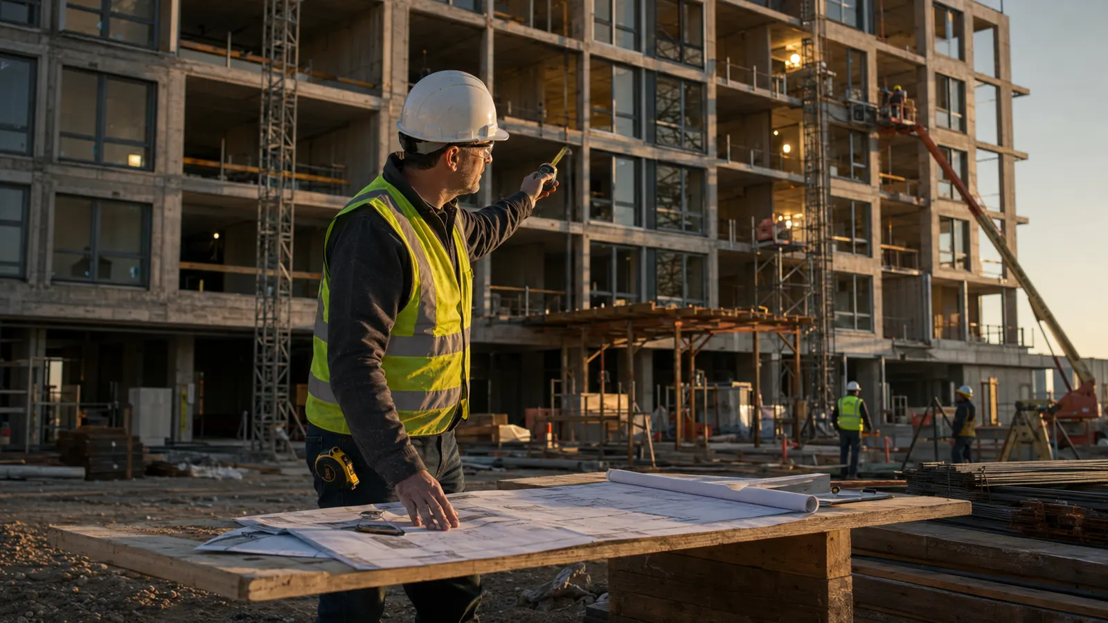Hotel construction manager reviewing plans at an active site