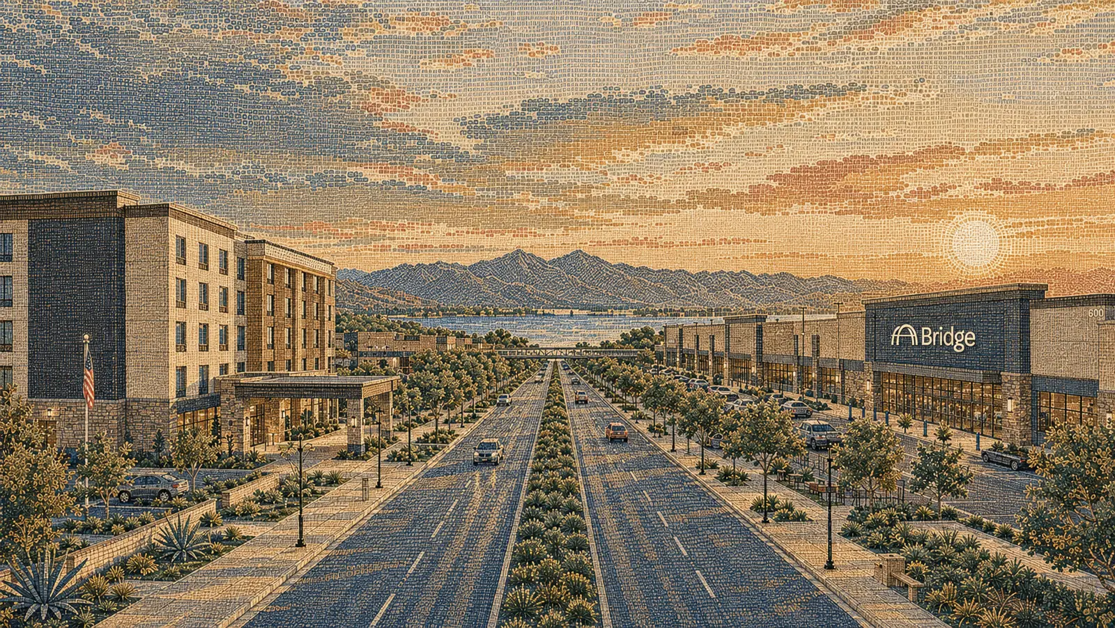Golden-hour boulevard with a hotel tower on the left and retail storefronts on the right