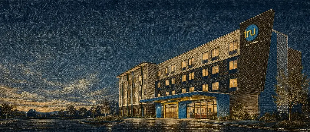 Tru by Hilton hotel at dusk
